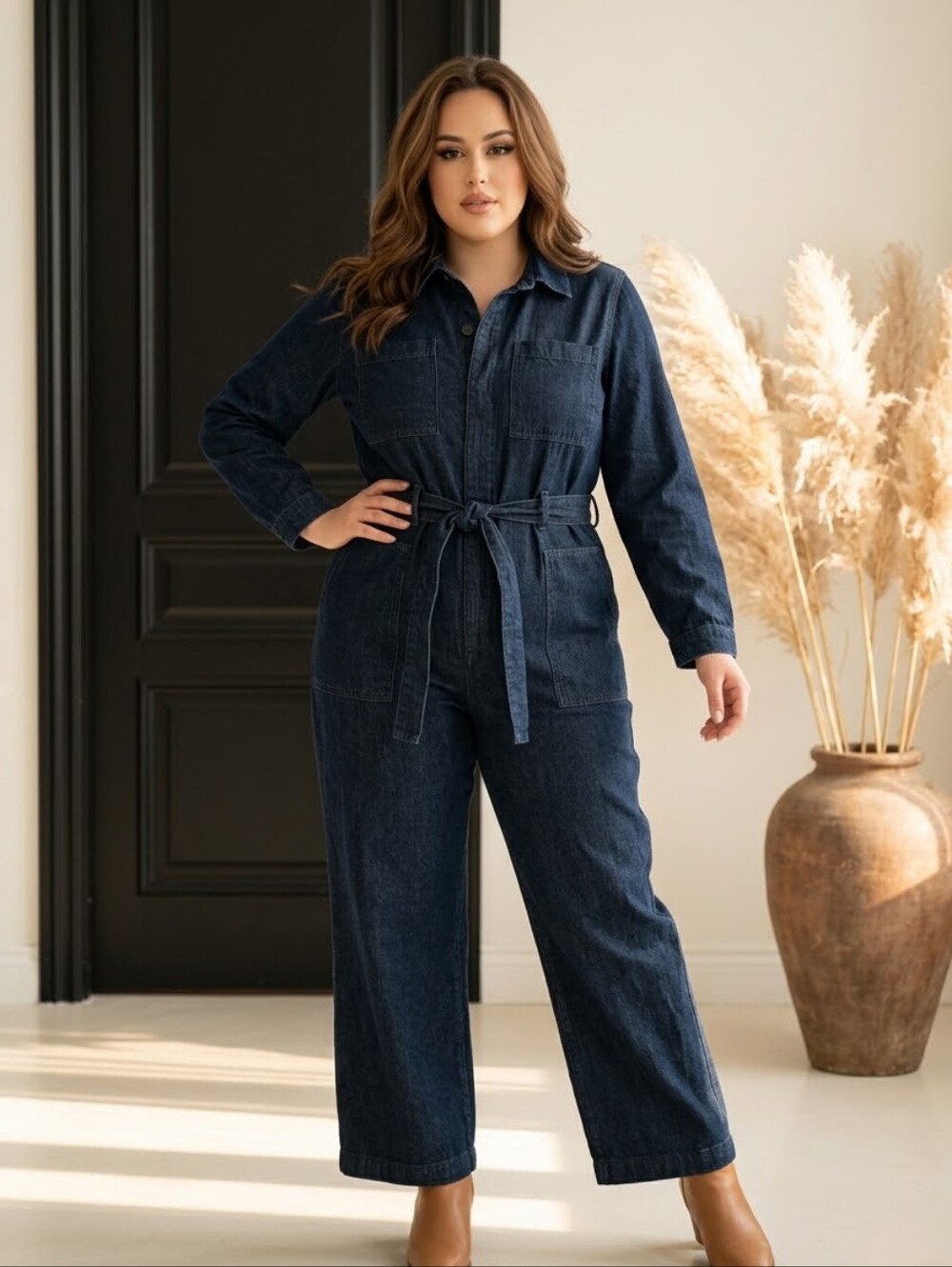 Old Navy SZ XL Long Sleeve Denim Jumpsuit Dark Wash Tie Belt Utility Boilersuit